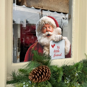 Christmas Santa Claus static window cling with Hi little friend sign and pine decor