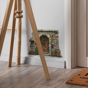 3D Christmas wall sticker featuring a stone arch and wooden door for home decoration