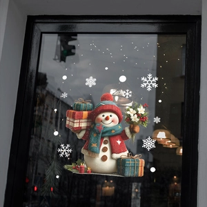 3D snowman window sticker with colorful gift boxes and snowflakes for Christmas decor