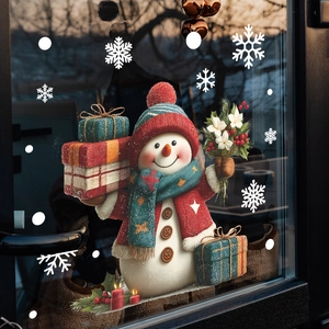Festive Christmas snowman window sticker with gift box and snowflakes on glass door decoration