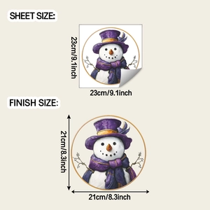 Detailed size chart for Christmas snowman window sticker showing 23cm sheet and 21cm finish size