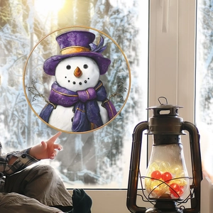 Christmas snowman window sticker with purple hat for festive glass window decoration