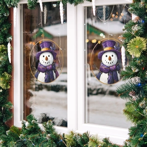 Christmas window stickers featuring snowman with purple hat and scarf for holiday decor
