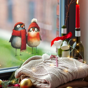 Christmas window stickers with cute cartoon birds in red hats for festive home decoration