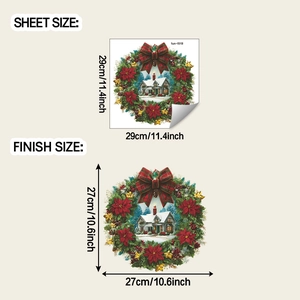 Detailed dimension guide for Christmas wreath wall stickers showing sheet and finish sizes