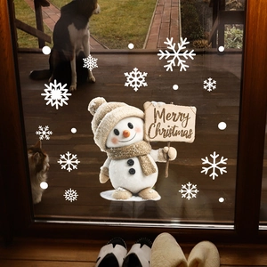 Cute Christmas snowman window stickers with Merry Christmas sign and white snowflakes