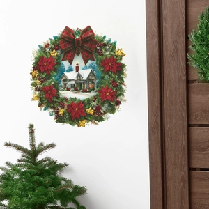 Christmas Wreath Wall Sticker Winter Snowy House Red Bow Floral PVC Self Adhesive Removable Decal For Living Room Bathroom