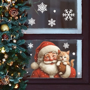 Stickers Fenêtre Noël Père Noël Tenant Un Chat Autocollants Statiques en PVC Flocons de Neige Pour Portes en Verre Décor Maison