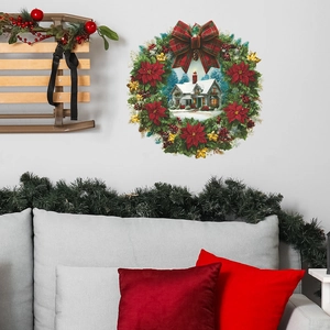 Christmas wreath wall sticker with snowy house center and red plaid bow for living room decor