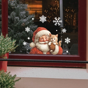 Sticker de fenêtre de Noël avec Père Noël et chat avec des flocons de neige blancs
