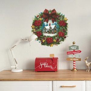Christmas wreath wall sticker with snowy house and red bow for holiday home decoration