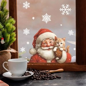 Stickers de Noël pour fenêtre avec Père Noël et chat sur cadre en bois rustique