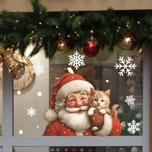 Sticker de Noël pour fenêtre avec Père Noël tenant un chat et flocons de neige