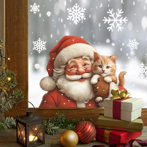 Sticker de Noël pour fenêtre représentant le Père Noël avec un chat et des flocons