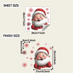 Detailed dimensions of Santa Claus and red snowflake Christmas window sticker set