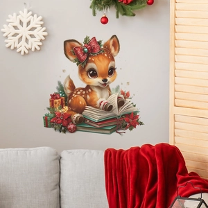 Sticker mural de Noël avec un renne mignon lisant sur un livre et des boîtes cadeaux