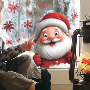 Christmas window stickers featuring Santa Claus and red snowflakes for festive home decor