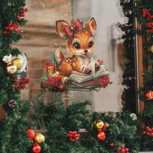Sticker de Noël pour fenêtre avec un renne lisant des livres et décor de couronne festive