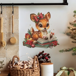 Autocollant Mural Renne de Noël Lisant des Livres en PVC Dessin Animé Animal pour Salon Chambre Étude Décoration de Maison