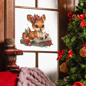 Sticker de fenêtre renne de Noël avec cerf lisant et décor de sapin festif pour la maison