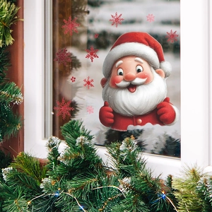 Christmas window decals featuring a cute Santa Claus and red snowflakes on glass