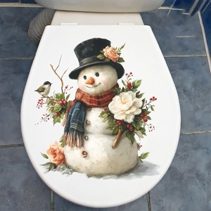 Festive Christmas snowman wall sticker on white toilet lid with floral berry accents
