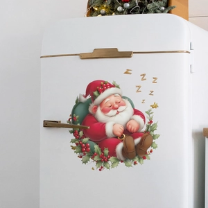Festive sleeping Santa Claus wall sticker decor with holly leaves on white surface
