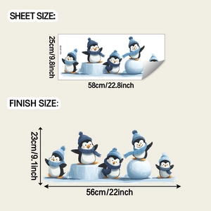 Cartoon penguin Christmas window sticker layout showing sheet and finish size dimensions