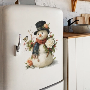 Christmas snowman wall sticker with floral patterns on a white refrigerator