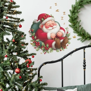 Cartoon Sleeping Santa Claus Wall Sticker PVC Removable Christmas Holiday Home Bedroom Living Room Festive Mural Decoration