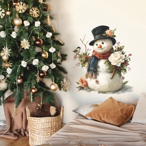 Christmas snowman wall sticker with floral patterns and birds for holiday home decoration