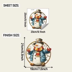 Detailed sheet size and finish size specifications for snowman glass window sticker