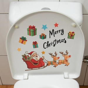 Cartoon Santa and reindeer Merry Christmas toilet lid decal for home holiday decoration