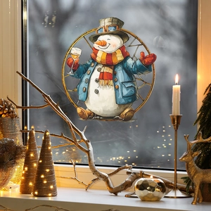 Steampunk snowman window static cling decal with goggles and top hat for winter holiday decor