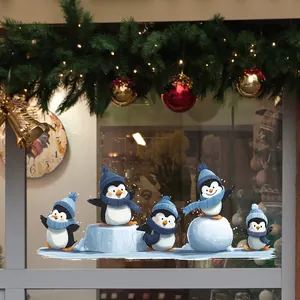 Christmas Cartoon Skating Penguin Window Stickers UV Static Cling Winter Holiday Glass Door Decoration Home Decor Sticker