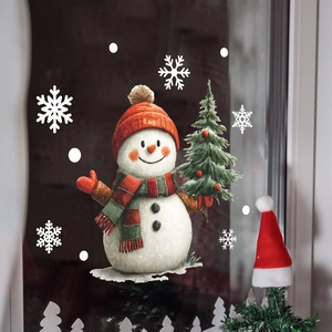 Festive snowman window sticker with plaid scarf and white snowflakes for glass decor