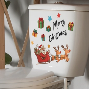 Cartoon Santa and reindeer toilet stickers with Merry Christmas text for home decoration