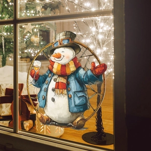 Steampunk snowman with wine glass Christmas window sticker on a festive background