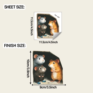 3D cartoon mouse hole wall sticker showing three cute mice hiding in stone wall cracks