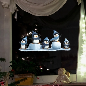 Cartoon skating penguin Christmas window stickers for festive glass door decorations