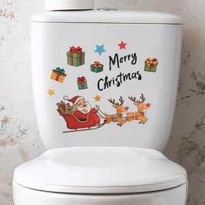 Christmas Santa Reindeer Merry Christmas Slogan Toilet Sticker PVC Waterproof Removable Decal For Home Bathroom Holiday Decor