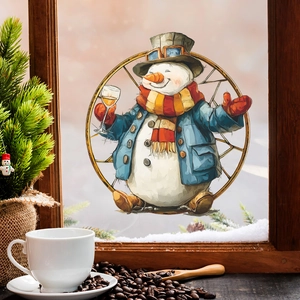 Steampunk Snowman Window Static Cling Sticker PVC Christmas Snowflake Decal Snowman Drinking Wine Holiday Glass Decor