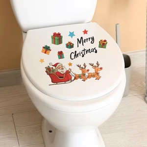 Christmas toilet lid decal featuring Santa, reindeer, and Merry Christmas text