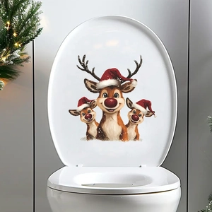 Cute Christmas Reindeer Toilet Sticker Decorative Bathroom Wall Decal Festive Reindeer Pattern Waterproof PVC Home Decoration Sticker