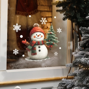 Christmas window sticker featuring cute snowman with red hat, green scarf, and white snowflakes