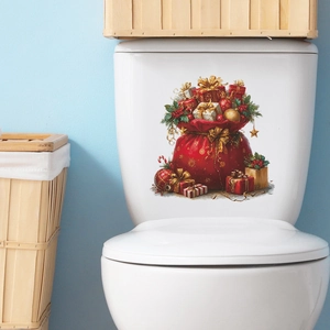 Christmas gift bag toilet seat sticker with red gift boxes and golden festive ornaments