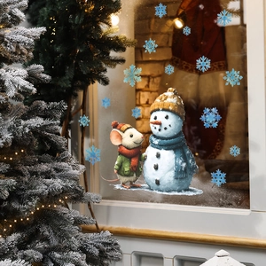 Christmas window stickers with cartoon mouse, snowman and snowflakes for festive decor