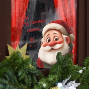 3D cartoon Santa Claus window sticker with Hi Merry Christmas text on glass decoration