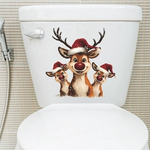 Christmas reindeer toilet decals with three cute cartoon deer in red hats for home decor