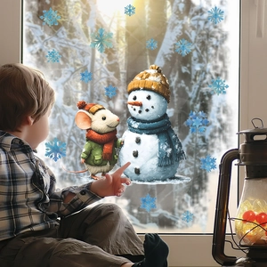Christmas window decals with cute cartoon mouse, snowman and blue snowflakes for winter decor